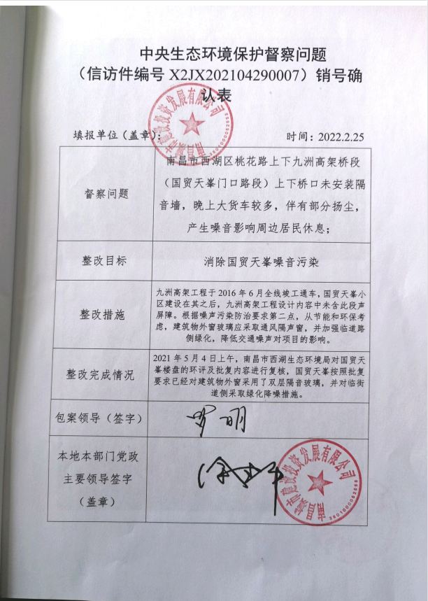 中央生态环境保护督察问题(信访件编号X2JX202104290007)销号确认表